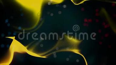 在黑色背景上，带有彩色模糊圆圈的黄色能量波光或闪光极光抽象动画